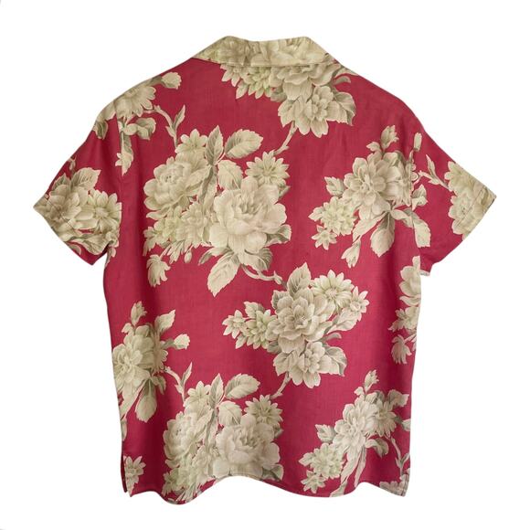 Evan Picone Red Cream Floral Print Ramie Camp Shirt Size L Summer Casual Cottage - Picture 2 of 7